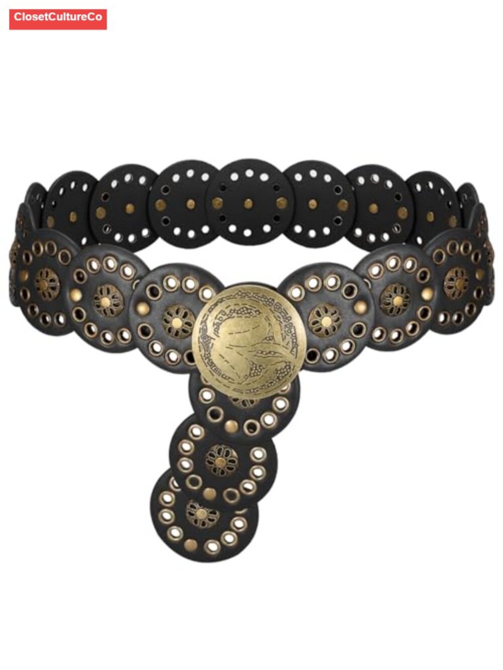 Western Faux Leather Wide Waist Belt Concho Disc Boho Hook Buckle